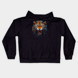 Cybernetic Fury Unleashed - Close-up of a Roaring Tiger Kids Hoodie